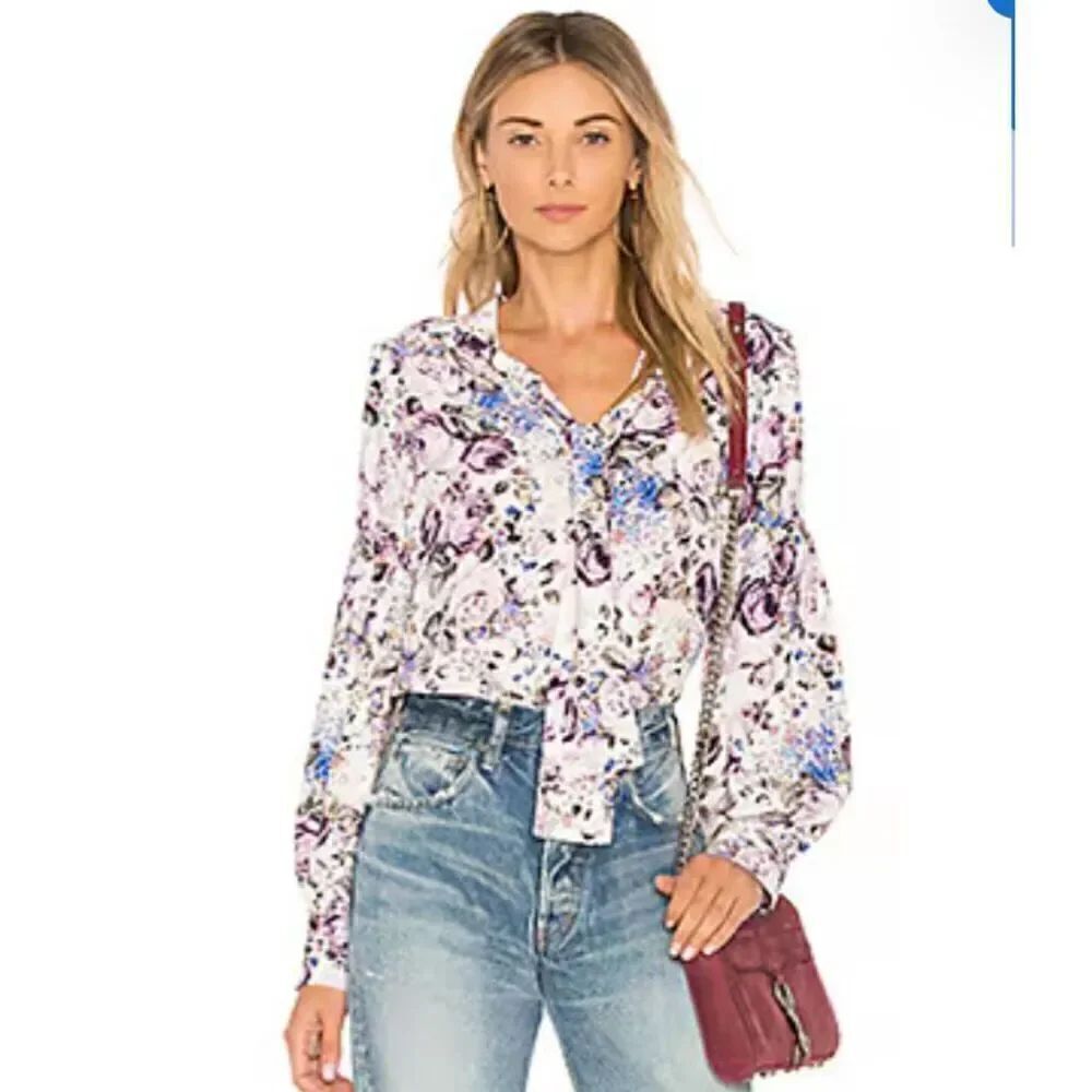 Parker Elosia Blouse in White Tahlia Lavender Floral Tie Neck Long Sleeve Top S